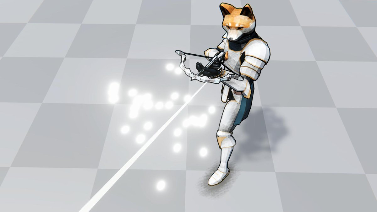 Shiba crossbow knight in white armour, firing glowing mana across a stone-tile arena